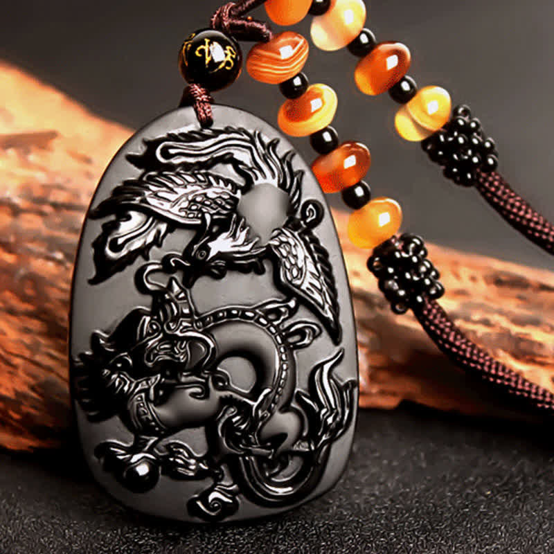 Fortune Jewel Black Obsidian Tiger Eye Dragon Phoenix Protection Beaded Necklace Pendant