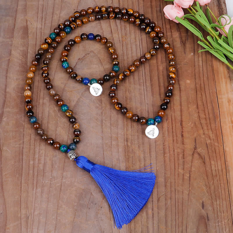 Fortune Jewel 108 Mala Beads Tiger Eye Buddha Strength Bracelet Tassel Necklace Pendant