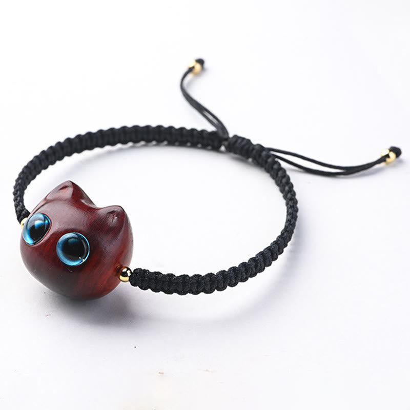 Fortune Jewel Small Leaf Red Sandalwood Ebony Wood Cute Cat Head Calm Protection Braided Bracelet