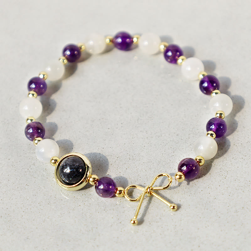Fortune Jewel Amethyst Cat Eye Black Rutilated Quartz Spiritual Bead Bracelet