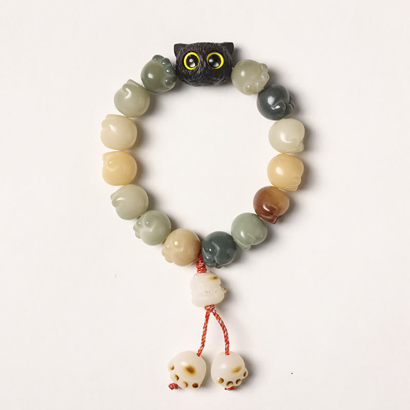 Fortune Jewel Natural Bodhi Seed Lovely Paw Ebony Wood Lucky Cat Wisdom Bracelet