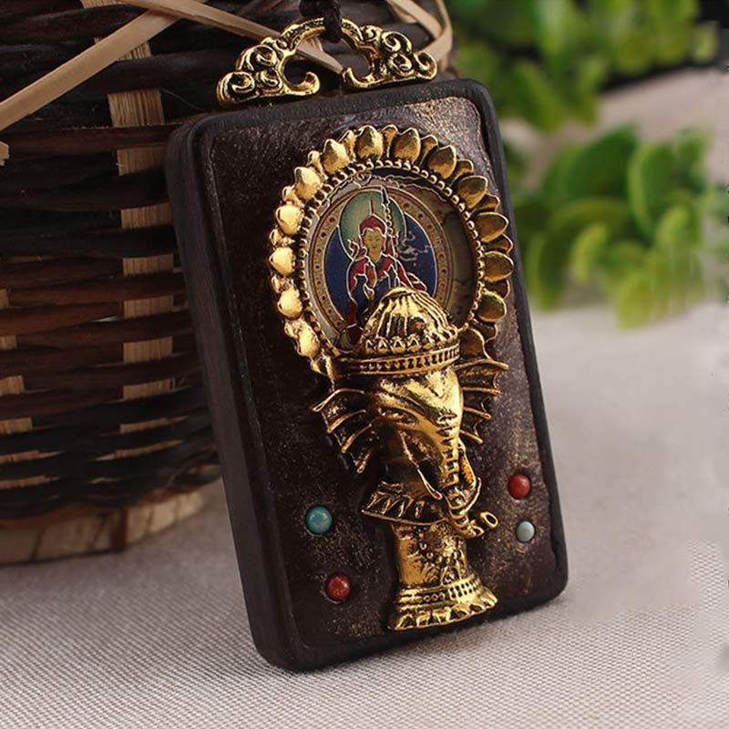 Fortune Jewel Ebony Wood Elephant God of Fortune Buddha Blessing Necklace String Pendant