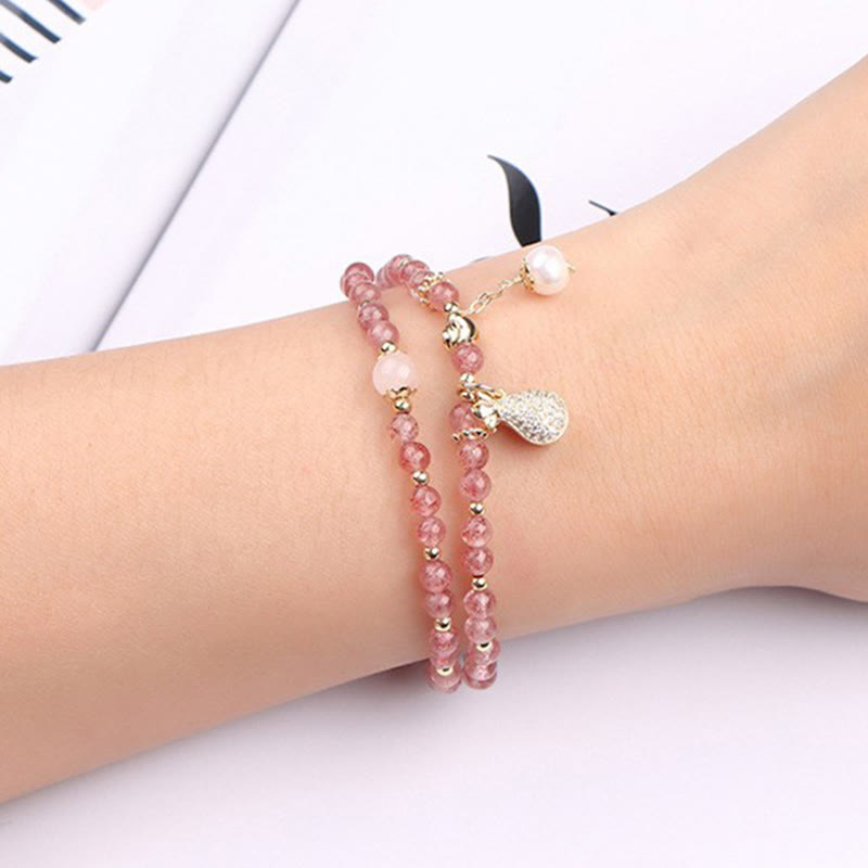 Fortune Jewel Strawberry Quartz Money Bag Positive Charm Double Wrap Bracelet