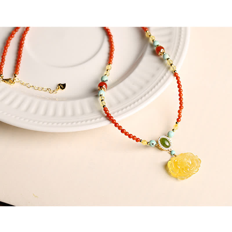 Fortune Jewel 925 Sterling Silver Natural Red Agate Amber Peony Confidence Charm Necklace Pendant