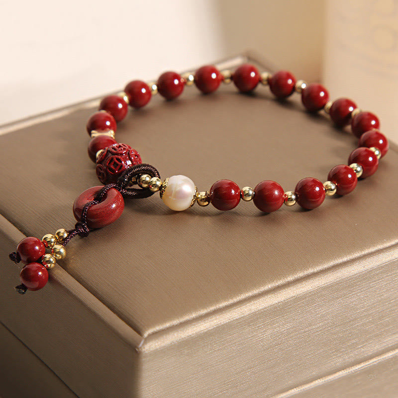 Fortune Jewel Natural Cinnabar Peace Buckle Copper Coin Charm Blessing Bracelet
