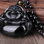 Fortune Jewel Laughing Buddha Black Obsidian Transformation Pendant Necklace