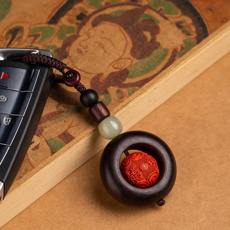 Fortune Jewel Tibet Om Mani Padme Hum PiXiu Copper Coin Small Leaf Red Sandalwood Cinnabar Protection Key Chain