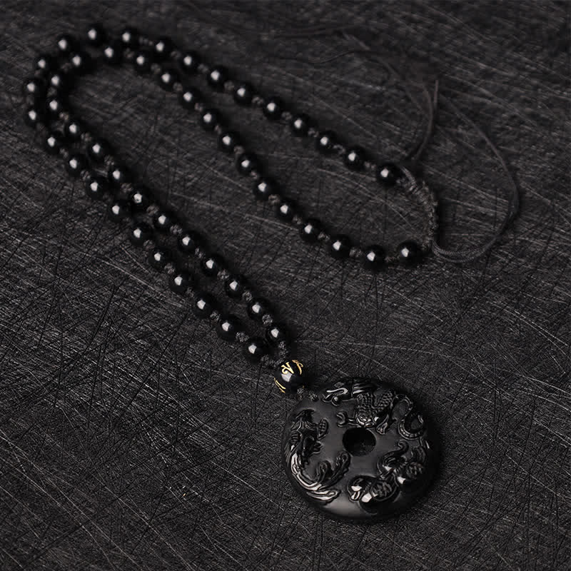 Fortune Jewel Black Obsidian Dragon Phoenix Mandarin Duck Luck Protection Necklace Pendant