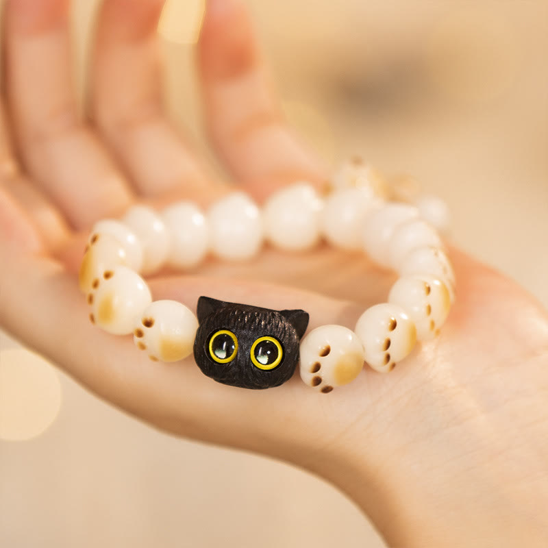 Fortune Jewel Natural Bodhi Seed Red Sandalwood Lovely Paw Lucky Cat Peace Bracelet
