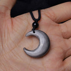 Fortune Jewel Natural Silver Sheen Obsidian Selenite Crystal Crescent Moon Yin Yang Couple Protection Necklace Pendant