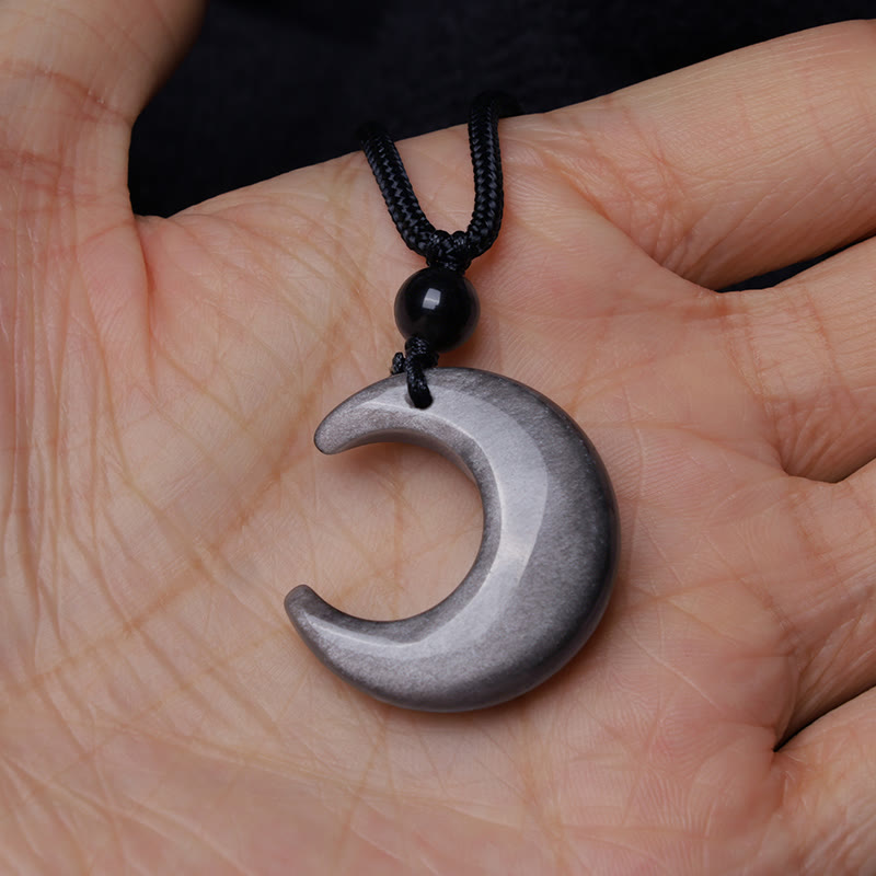 Fortune Jewel Natural Silver Sheen Obsidian Selenite Crystal Crescent Moon Yin Yang Couple Protection Necklace Pendant