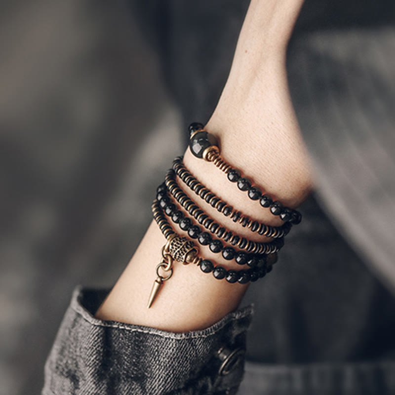 Fortune Jewel Rainbow Obsidian Ebony Wood Copper Positive Multilayer Bracelet