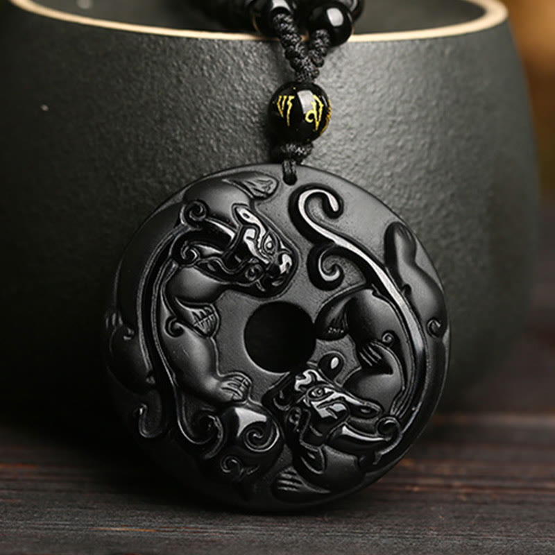 Fortune Jewel Natural Black Obsidian Peace Buckle Pixiu Bead Rope Strength Necklace Pendant