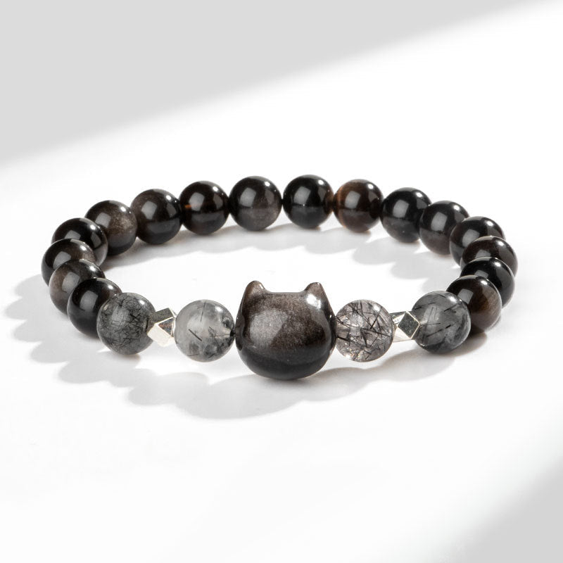 Fortune Jewel Natural Silver Sheen Obsidian Cute Cat Head Protection Bracelet