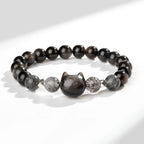 Fortune Jewel Natural Silver Sheen Obsidian Cute Cat Head Protection Bracelet