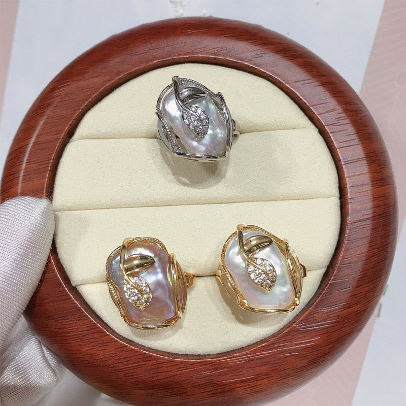 Fortune Jewel Pearl Copper Plated Gold Flower Happiness Wealth Ring