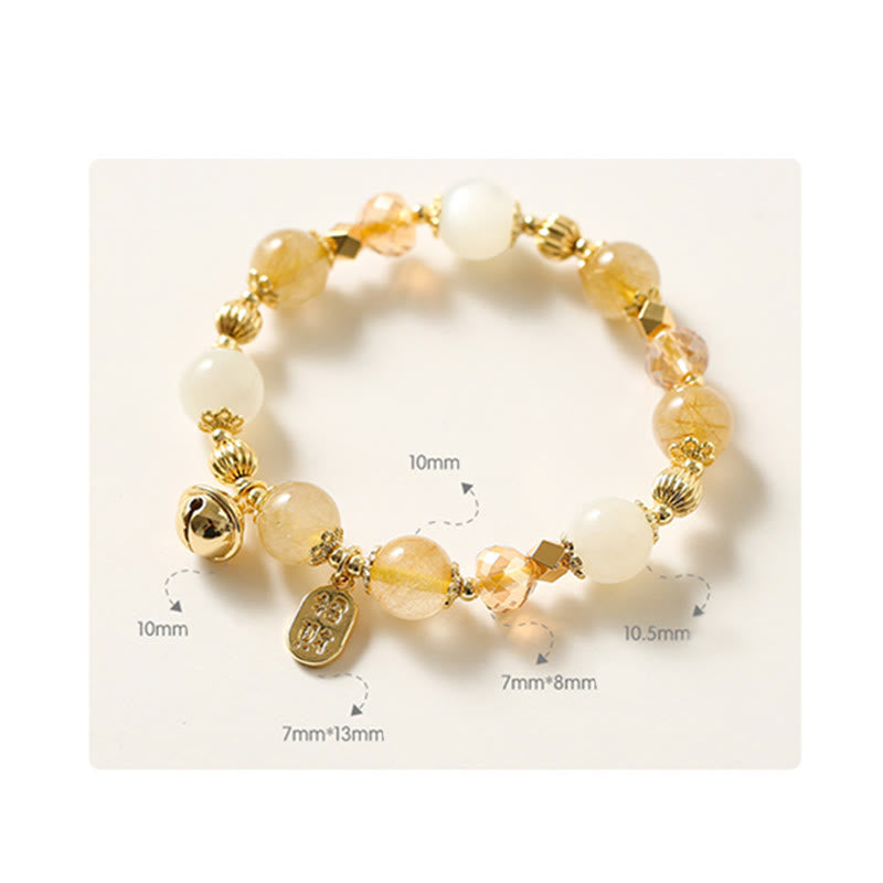 Fortune Jewel 14K Gold Plated Golden Rutilated Quartz Wealth Bell Lucky Fortune Charm Bracelet
