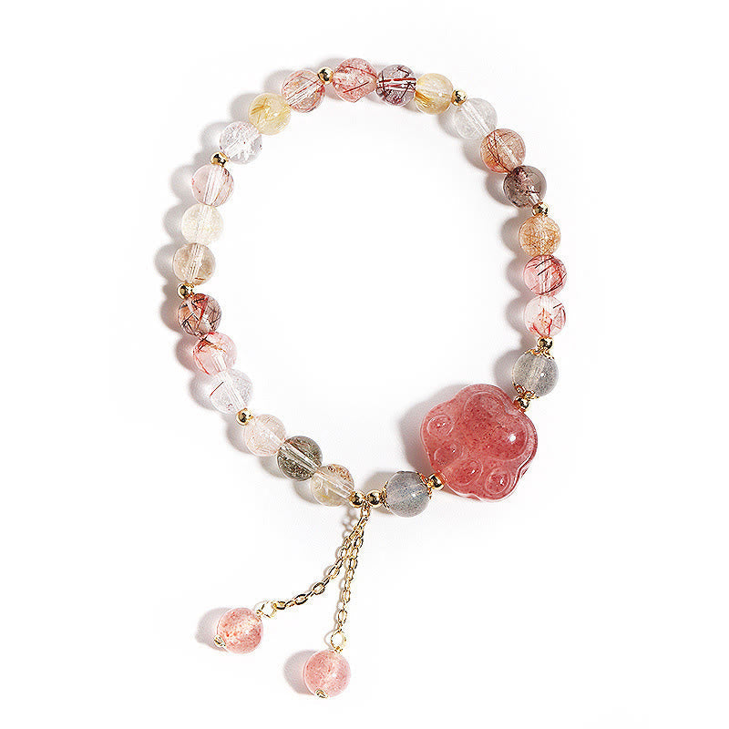 Fortune Jewel Natural Strawberry Quartz Cat Paw Claw Colorful Rutilated Quartz Moonstone Love Bracelet