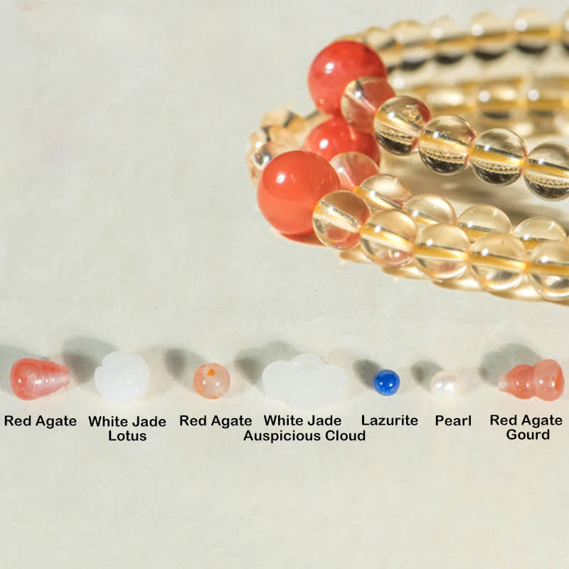 Fortune Jewel 108 Mala Beads 925 Sterling Silver Natural Citrine Red Agate White Jade Prosperity Charm Bracelet