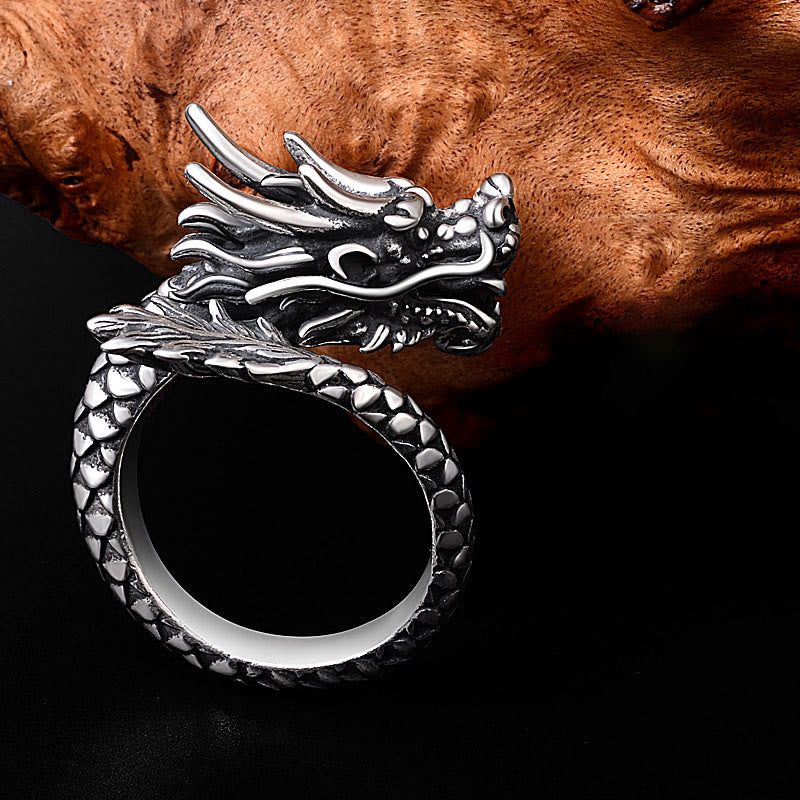 Fortune Jewel 990 Sterling Silver Vintage Dragon Design Luck Protection Strength Adjustable Ring