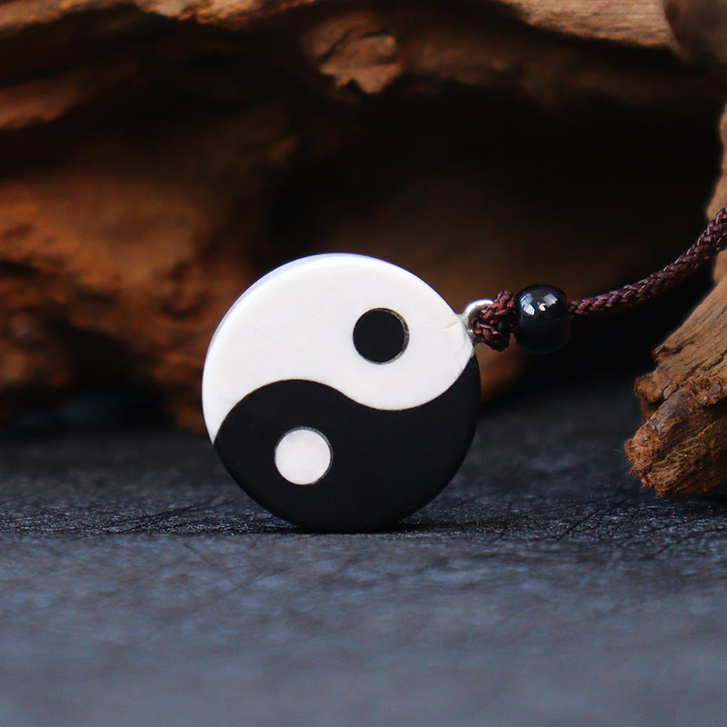 Fortune Jewel Natural Black Obsidian White Turquoise Yin Yang Fulfilment Strength Necklace Pendant