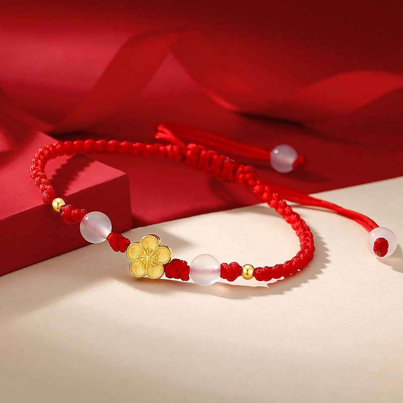 Fortune Jewel Handmade 925 Sterling Silver Peach Blossom Cherry Sakura Chalcedony Bead Luck Red Rope Bracelet