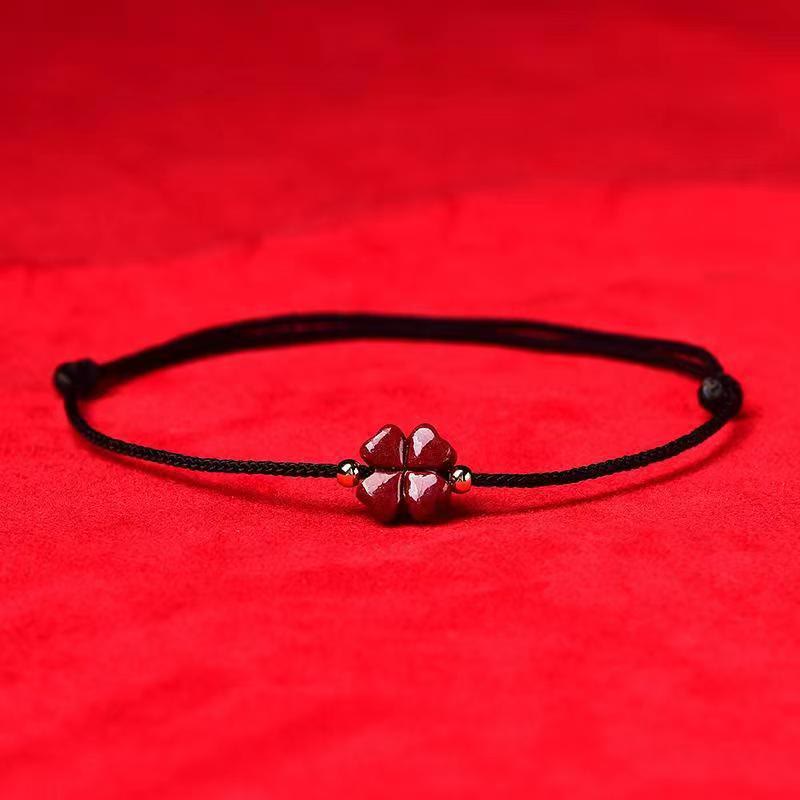 Fortune Jewel Natural Cinnabar Four Leaf Clover Blessing Red String Bracelet Anklet