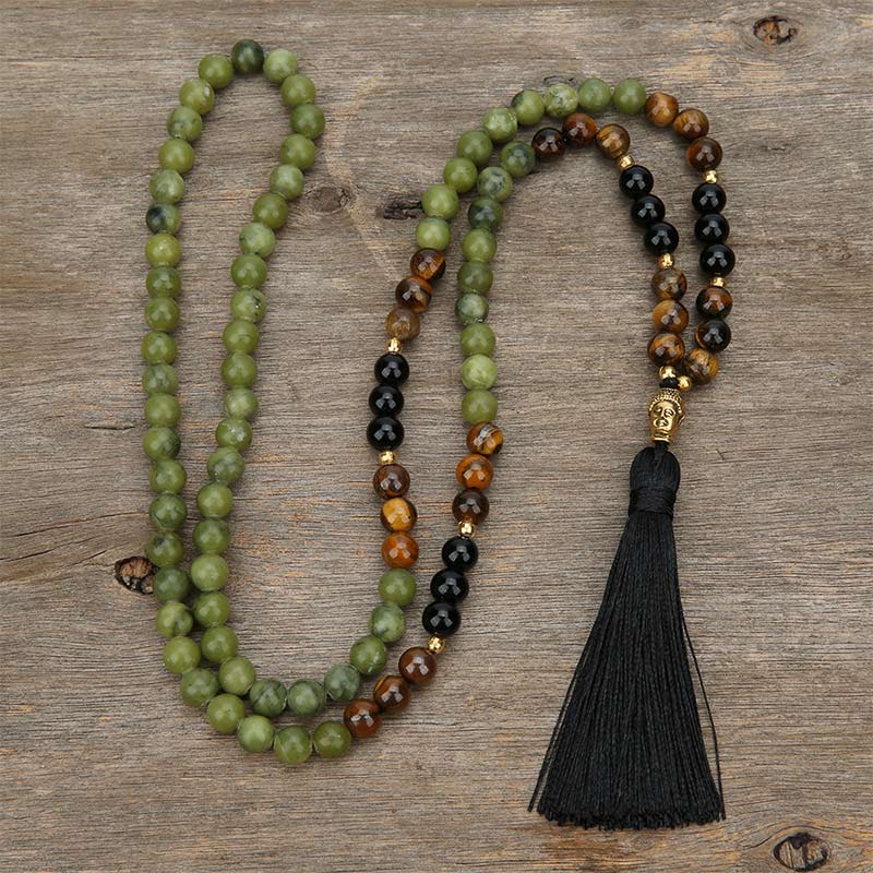 Fortune Jewel Tibetan Green Jasper Protection Mala Bracelet