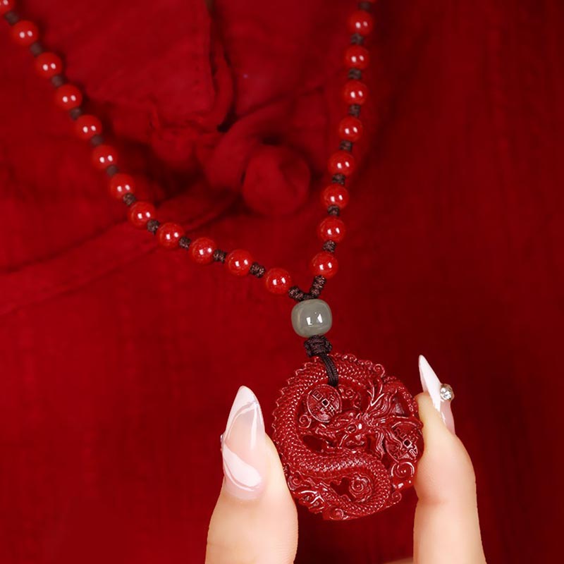 Fortune Jewel Year Of The Dragon Natural Cinnabar Hetian Jade Bead Copper Coin Attract Wealth Strength Necklace Pendant