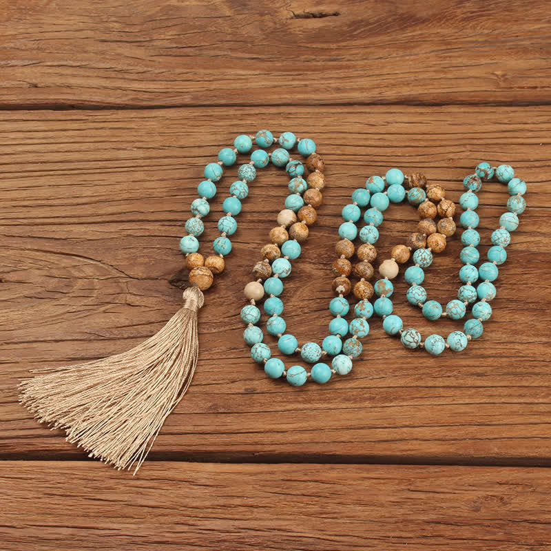 Fortune Jewel 108 Mala Beads Turquoise Picture Jasper Wisdom Tassel Bracelet