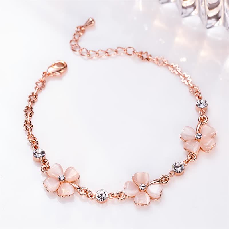 Fortune Jewel Pink Crystal Four Leaf Clover Love Chain Bracelet