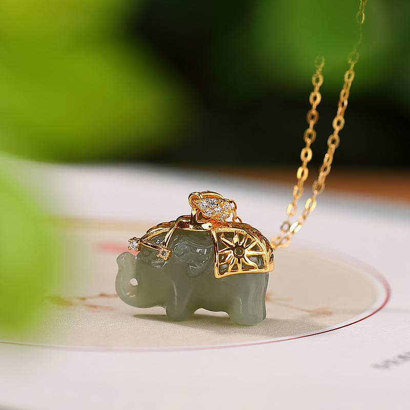 Fortune Jewel 925 Sterling Silver Jade Elephant Blessing Fortune Necklace Chain Pendant