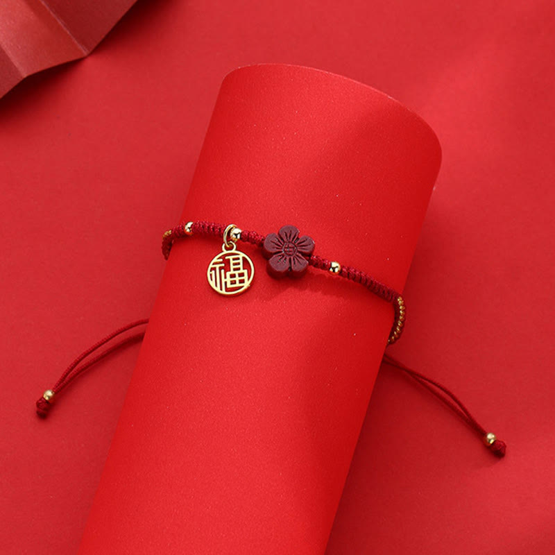 Fortune Jewel Cinnabar Flower Fu Character Blessing Braided String Bracelet