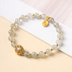 Fortune Jewel 14K Gold Plated Natural Strawberry Quartz Labradorite Sun Stone Fu Character Positive Charm Bracelet