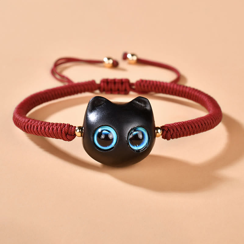 Fortune Jewel Ebony Wood Cat Head Pattern Peace King Kong Knot Braided Bracelet