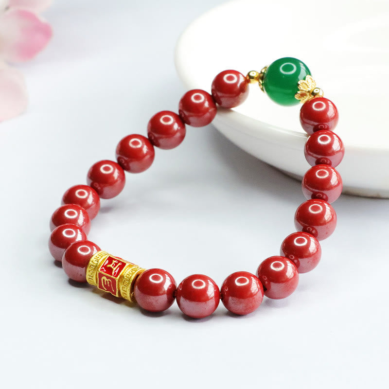 Fortune Jewel Natural Cinnabar Green Agate Om Mani Padme Hum Pattern Blessing Bracelet