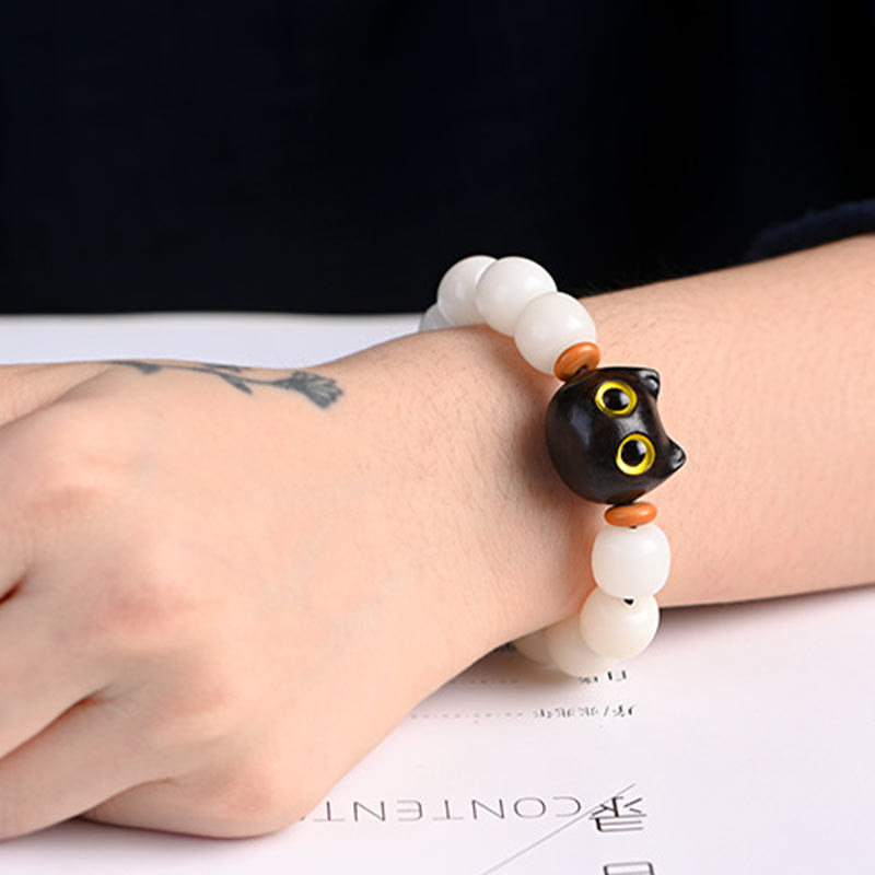 Fortune Jewel Natural Bodhi Seed Small Leaf Red Sandalwood Ebony Wood Cute Lucky Cat Wisdom Bracelet