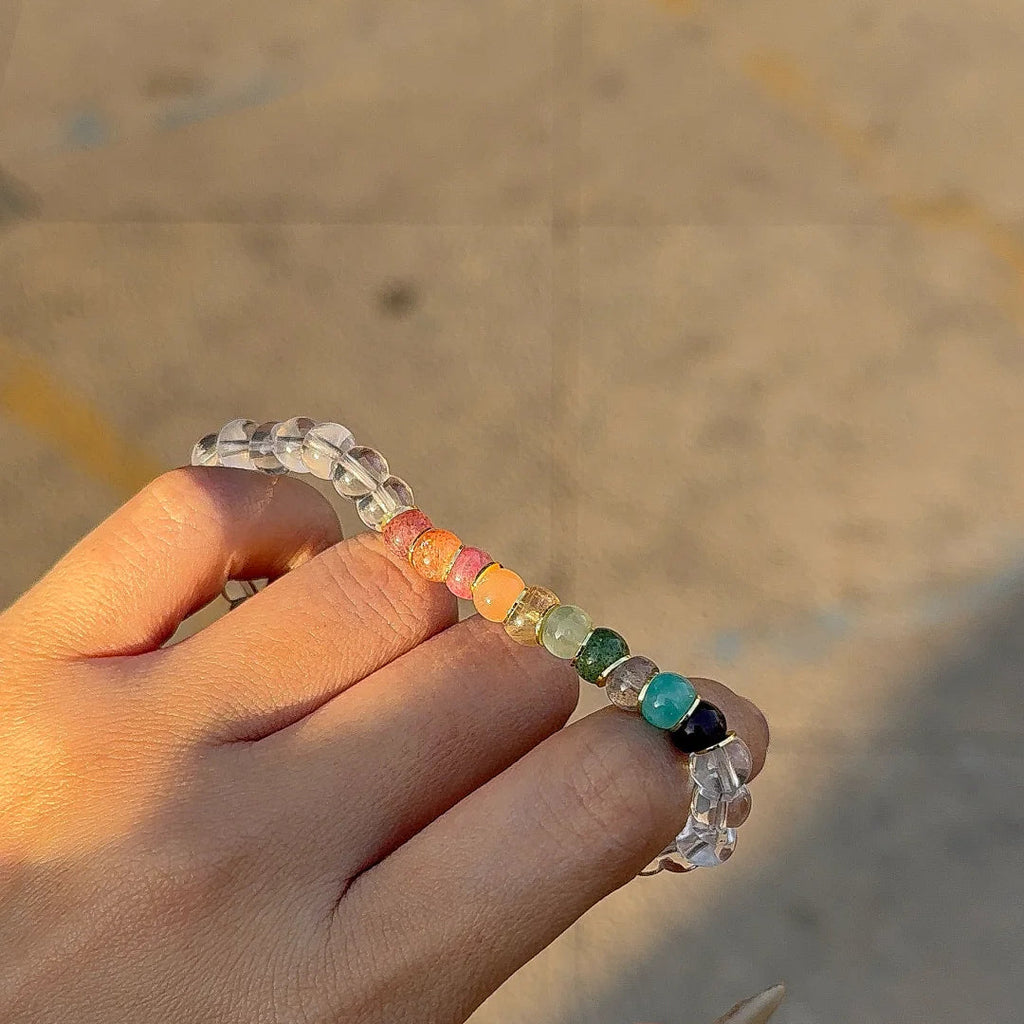 Tibetan Angled-Cut White Crystal Bracelet with Multicolor Crystals – Top-Grade Clear Quartz, Stress-Relieving & Meditation-Friendly