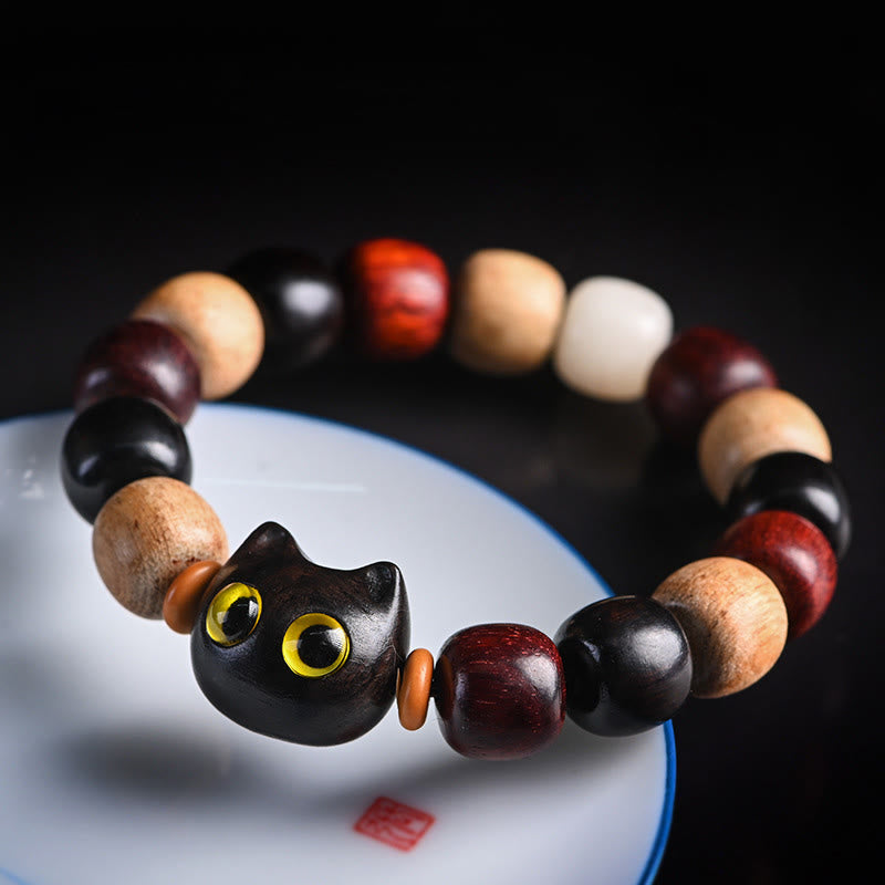 Fortune Jewel Small Leaf Red Sandalwood Ebony Wood Cute Cat Engraved Protection Bracelet