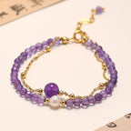 Fortune Jewel 14K Gold Plated Amethyst Crystal Healing Double Layer Chain Bracelet
