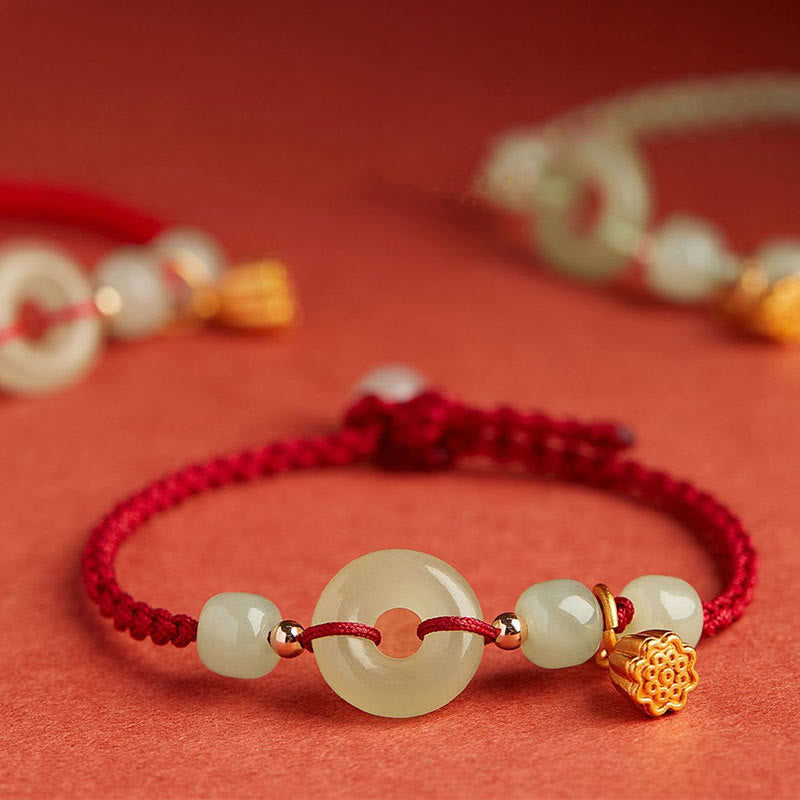 Fortune Jewel Round Peace Buckle Jade Lotus Happiness Abundance Wealth String Bracelet