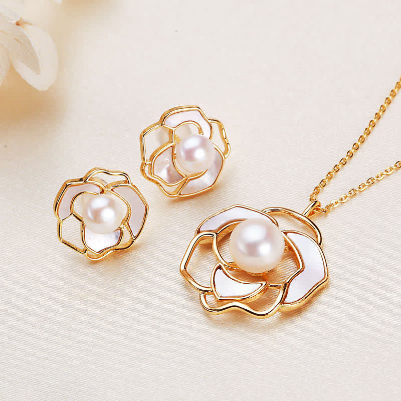 Fortune Jewel 925 Sterling Silver Pearl Camellia Pattern Happiness Necklace Pendant Earrings
