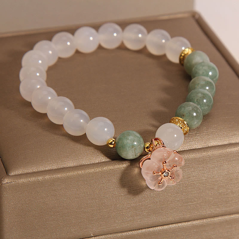 Fortune Jewel White Agate Jade Flower Charm Luck Protection Bracelet