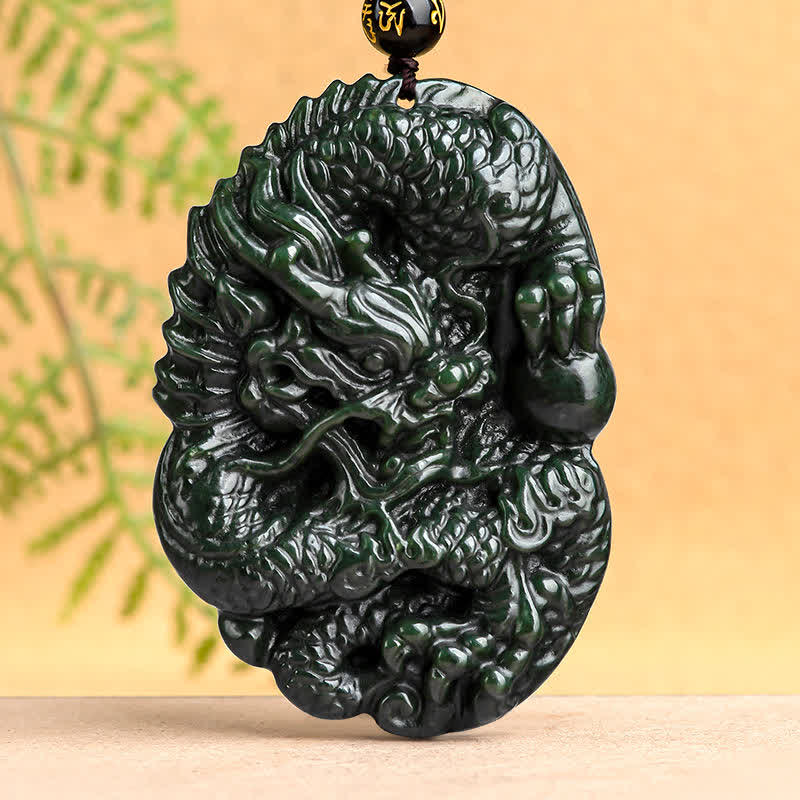Fortune Jewel Hetian Cyan Jade Dragon Success Harmony Necklace Beaded String Pendant Fortune Jewel