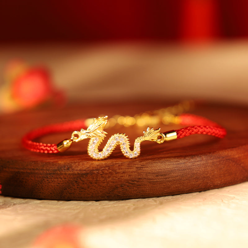 Fortune Jewel 925 Sterling Silver Year Of The Dragon Auspicious Golden Dragon Luck Red Rope Chain Bracelet
