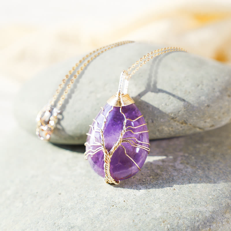 Fortune Jewel Natural Quartz Crystal Tree Of Life Healing Energy Necklace Pendant