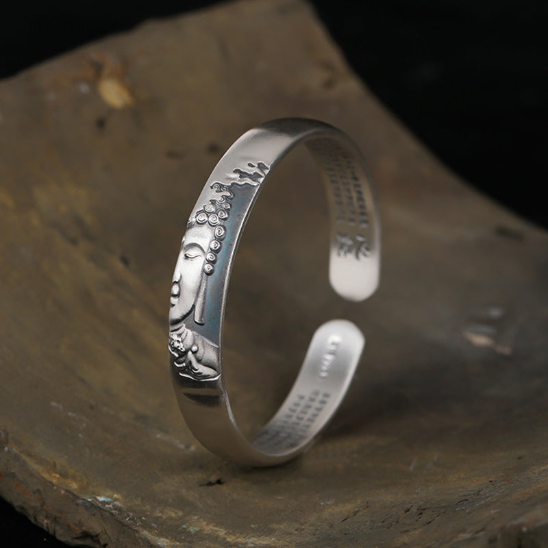 Fortune Jewel 999 Sterling Silver Buddha Head Heart Sutra Serenity Bracelet Bangle