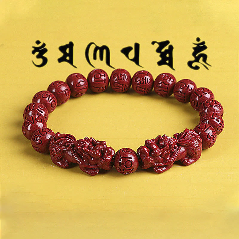 Fortune Jewel Natural Double PiXiu Cinnabar Om Mani Padme Hum Wealth Luck Bead Bracelet