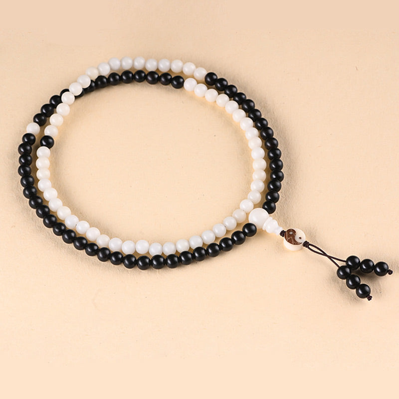 Buddha Stones Ebony YinYang Protection Necklace Mala Fortune Jewel