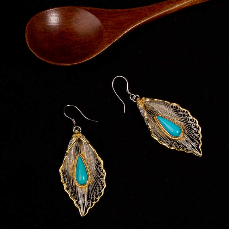 Fortune Jewel 925 Sterling Silver Turquoise Bodhi Leaf Pattern Protection Drop Dangle Earrings